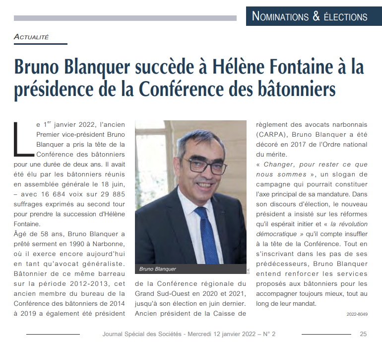 Bruno Blanquer succède à Hélène Fontaine à la présidence de la Conférence des bâtonniers
