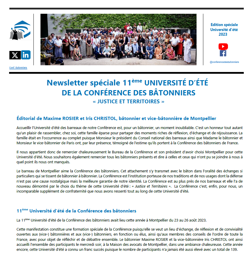 La lettre de la Conférence - Université d'été 2023